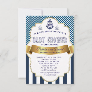 Invitation Baby shower d'Ancre Gold Ribbon Blue Stripes Waves