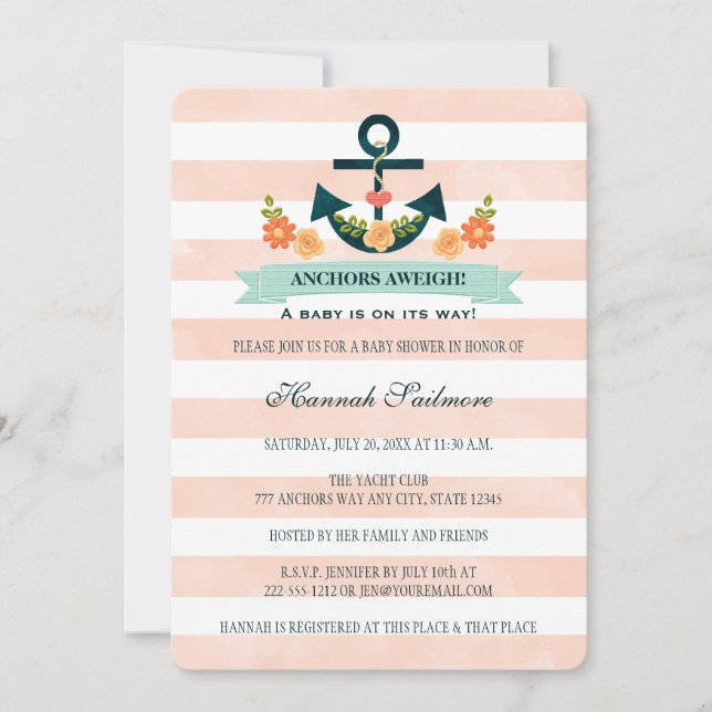 Invitation Baby shower d'Ancre marine et corail (Devant)