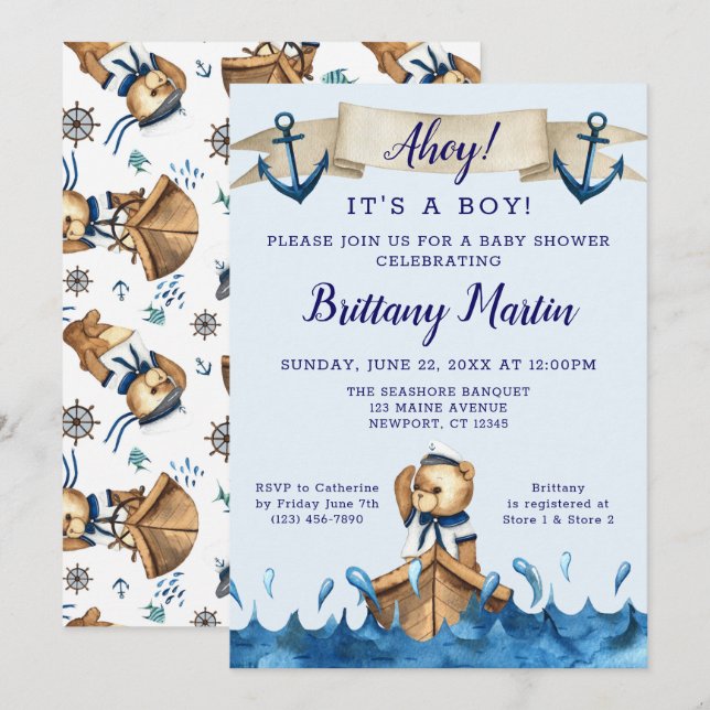 Invitation Baby shower d'Ancre nautique bleu (Devant / Derrière)