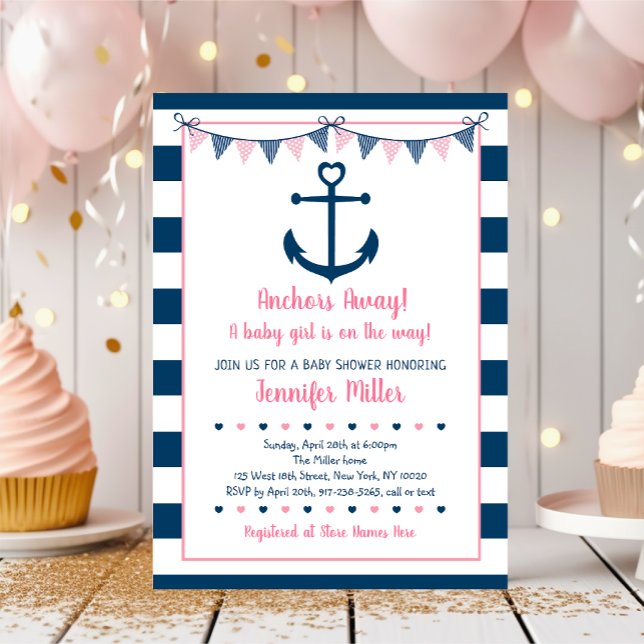 Invitation Baby shower d'Ancre nautique fille de la marine ro (Créateur téléchargé)
