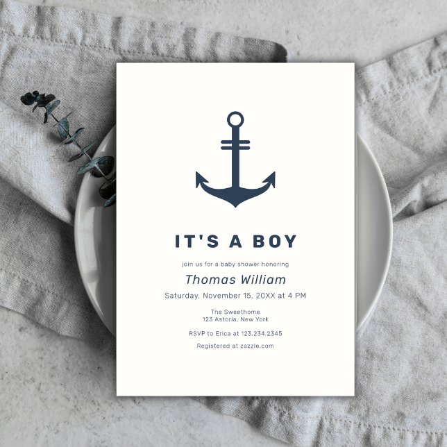 Invitation Baby shower d'Ancres nautiques élégant bleu marine (Navy Blue Elegant Nautical Anchor Baby Shower Invitation)