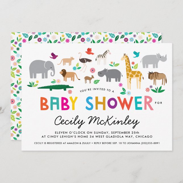 Invitation Baby shower d'animaux africains (Devant / Derrière)