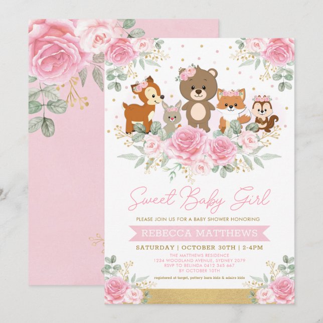 Invitation Baby shower d'animaux boisés de la flore rose Gold (Devant / Derrière)