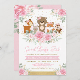 Invitation Baby shower d'animaux boisés de la flore rose Gold