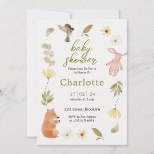 Invitation Baby shower d'animaux d'aquarelle vert crème