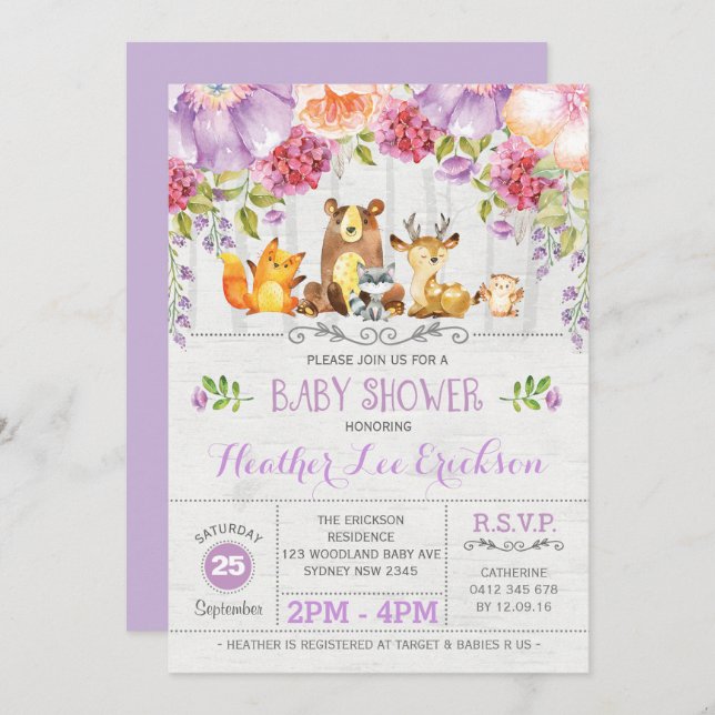 Invitation Baby shower d'animaux de bois floraux violets Invi (Devant / Derrière)