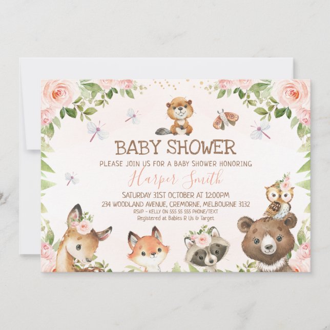 Invitation Baby shower d'animaux de bois rose floral (Devant)