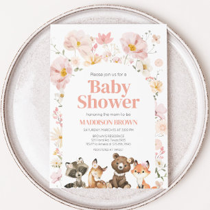 Invitation Baby shower d'animaux de bois rose floral