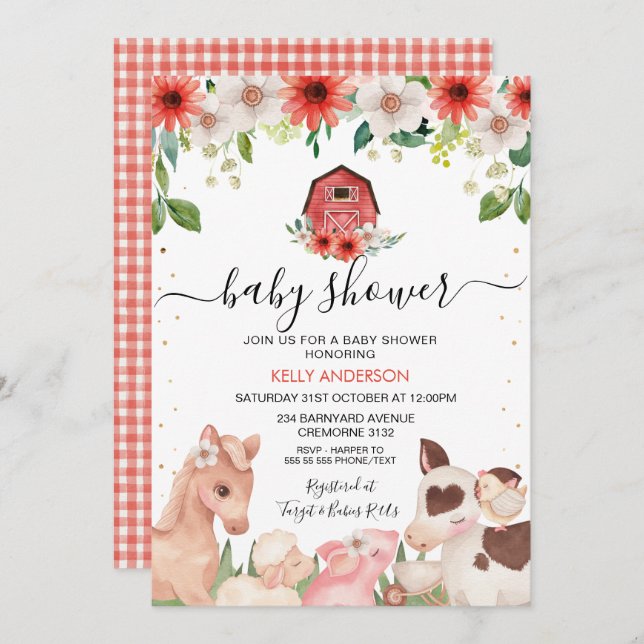 Invitation Baby shower d'animaux de ferme à plaid rouge (Devant / Derrière)