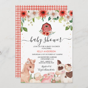 Invitation Baby shower d'animaux de ferme à plaid rouge