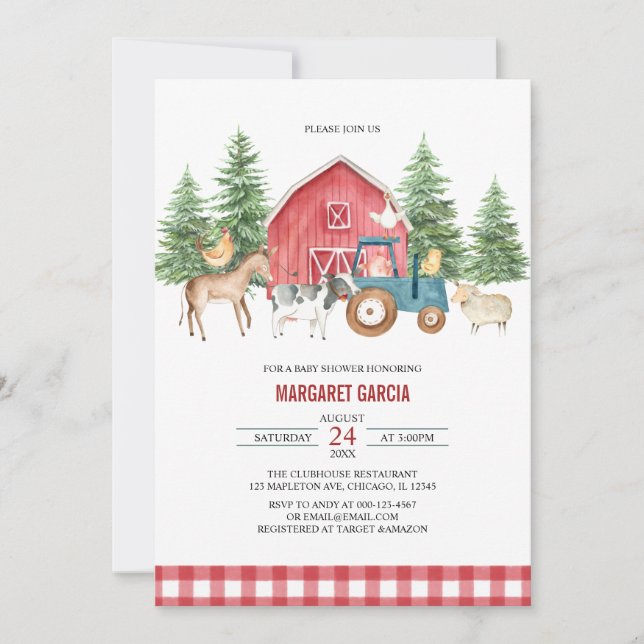 Invitation Baby shower d'animaux de ferme Red Barnyard (Devant)