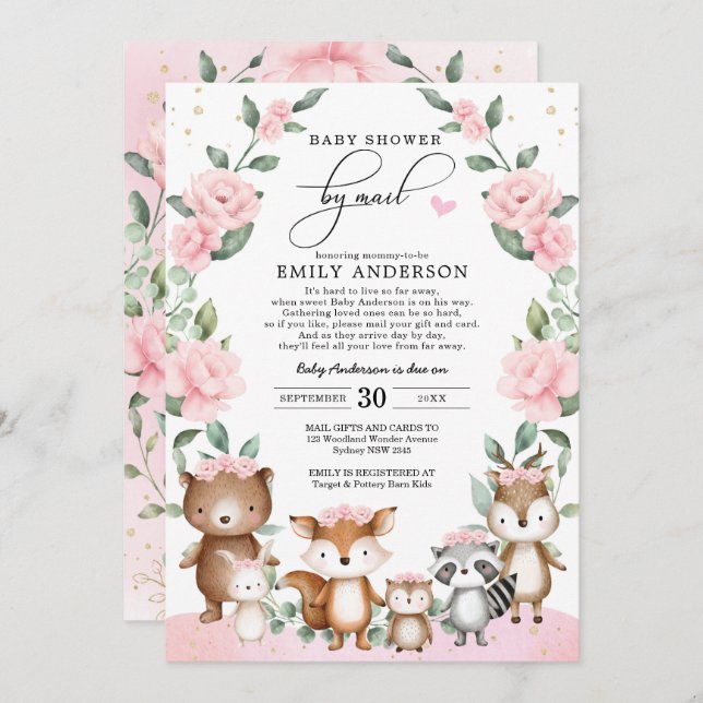 Invitation Baby shower d'animaux de forêt rose pâle (Devant / Derrière)