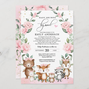 Invitation Baby shower d'animaux de forêt rose pâle