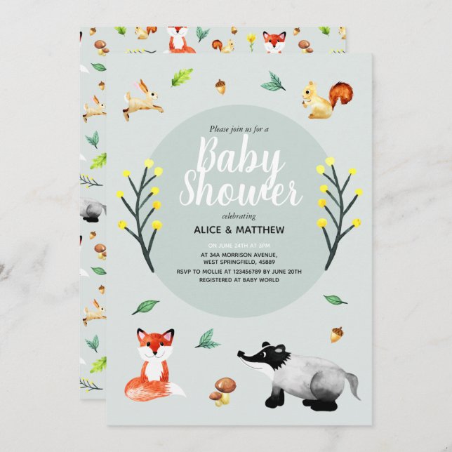 Invitation Baby shower d'animaux de forêt rustique (Devant / Derrière)