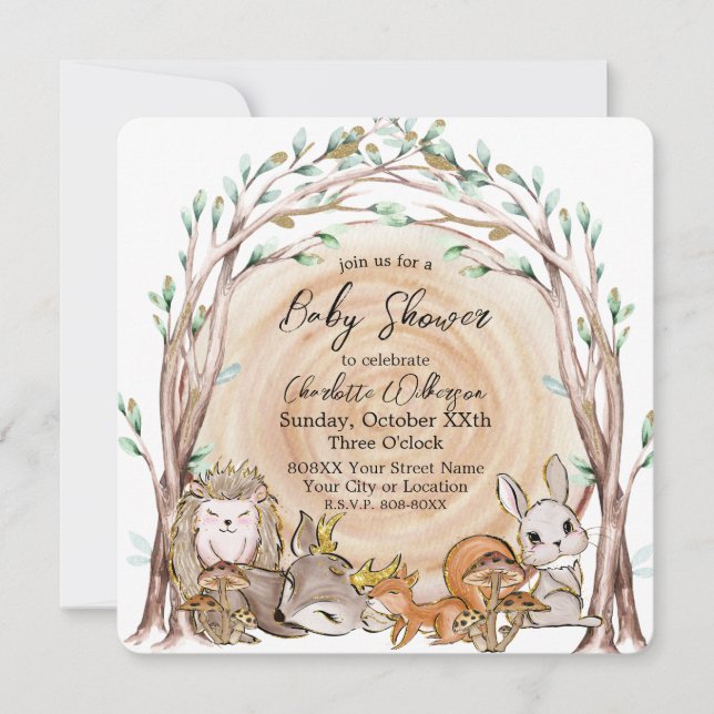 Invitation Baby shower d'animaux de la forêt boisée mignonne (Devant)