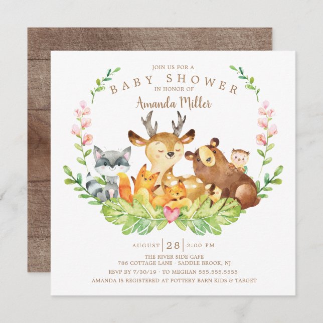 Invitation Baby shower d'animaux de la forêt douce (Devant / Derrière)