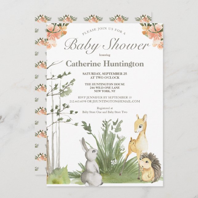 Invitation Baby shower d'animaux de la forêt douce (Devant / Derrière)
