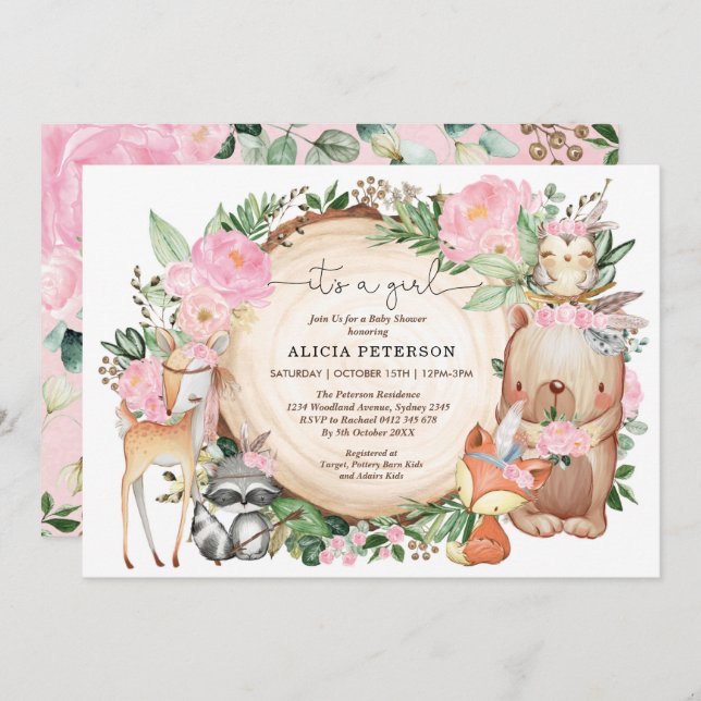 Invitation Baby shower d'animaux de la forêt tribale de fille (Devant / Derrière)