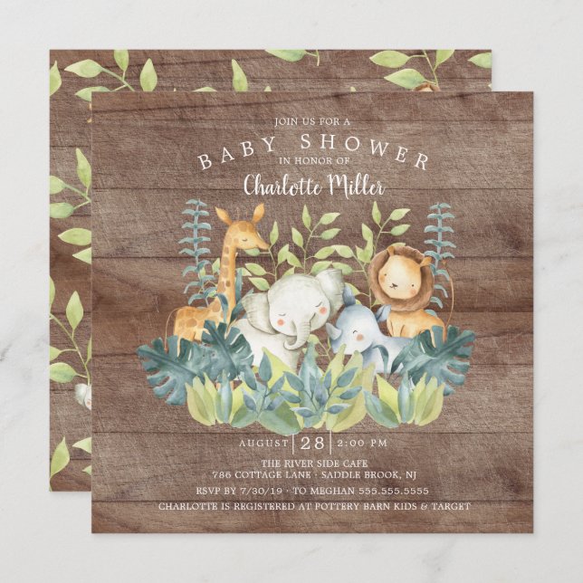 Invitation Baby shower d'animaux de la jungle rustique (Devant / Derrière)