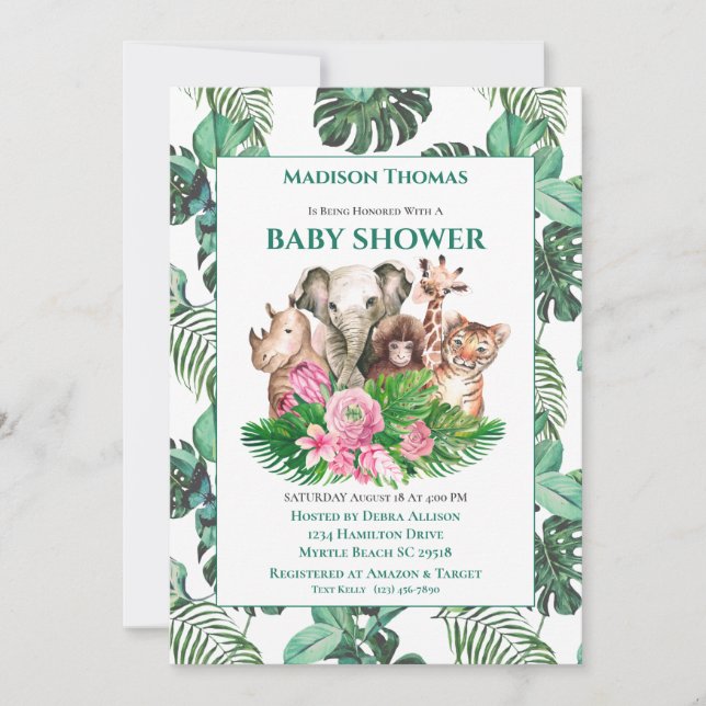 Invitation Baby shower d'animaux de la Jungle Safari (Devant)