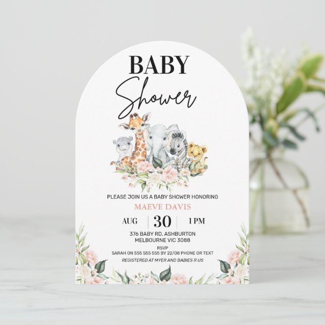 Invitation Baby shower d'animaux de Safari à fleurs roses (Debout devant)
