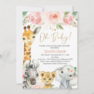 Invitation Baby shower d'animaux de Safari Floral d'or rose