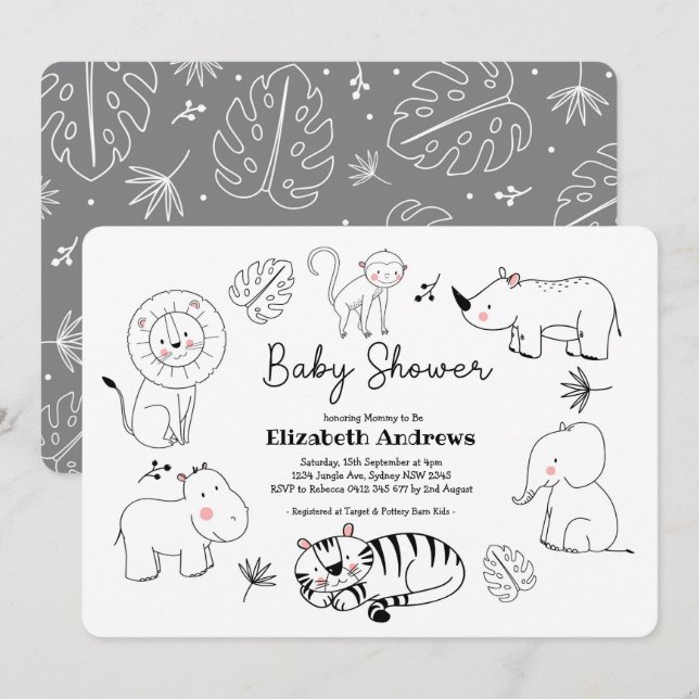 Invitation Baby shower d'animaux de Safari Jungle mignonne mo (Devant / Derrière)