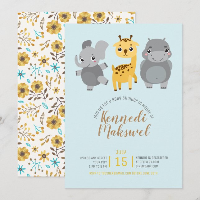Invitation Baby shower d'animaux de zoo mignons (Devant / Derrière)