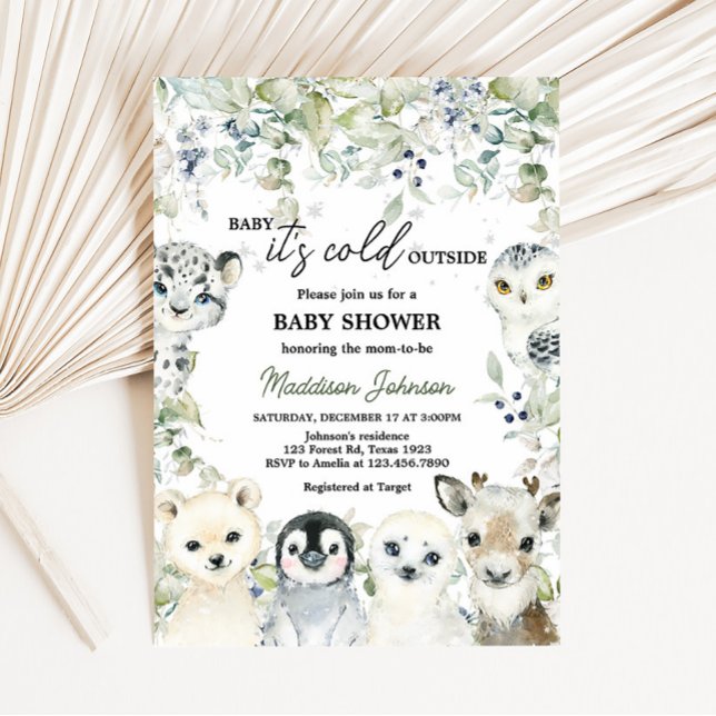 Invitation Baby shower d'animaux d'hiver (Greenery Artic Animals Baby Shower Invitation)