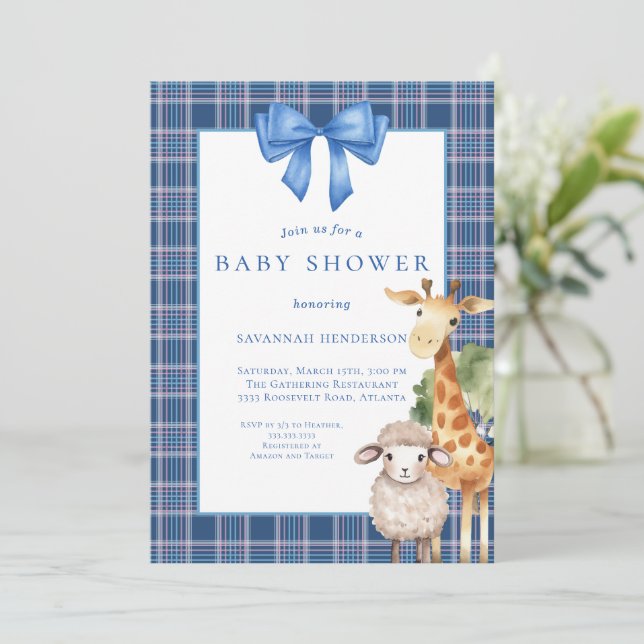 Invitation Baby shower d'animaux en bois de Bow bleu (Debout devant)