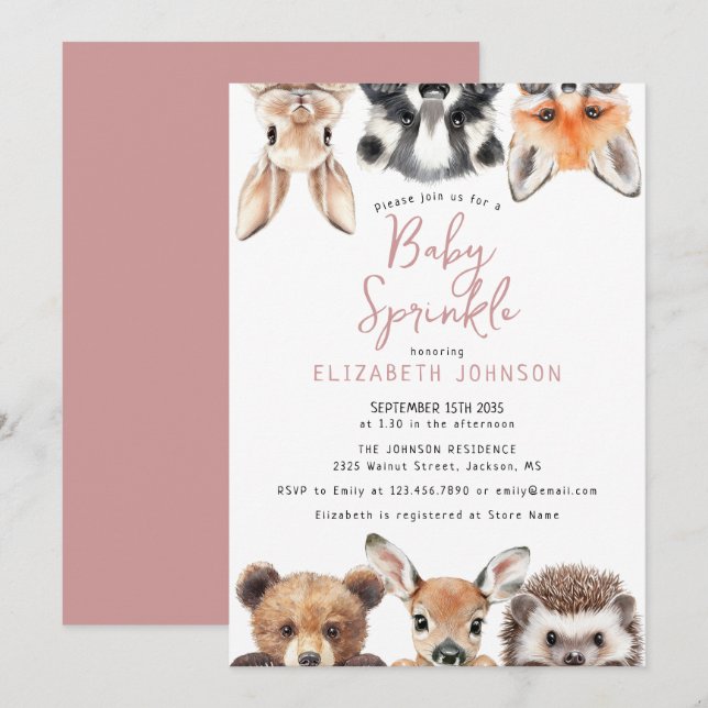 Invitation Baby shower d'animaux en bois rose mignon (Devant / Derrière)