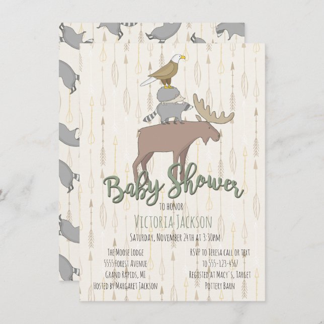 Invitation Baby shower d'animaux rustiques en bois (Devant / Derrière)