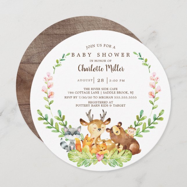 Invitation Baby shower d'animaux rustiques en bois (Devant / Derrière)