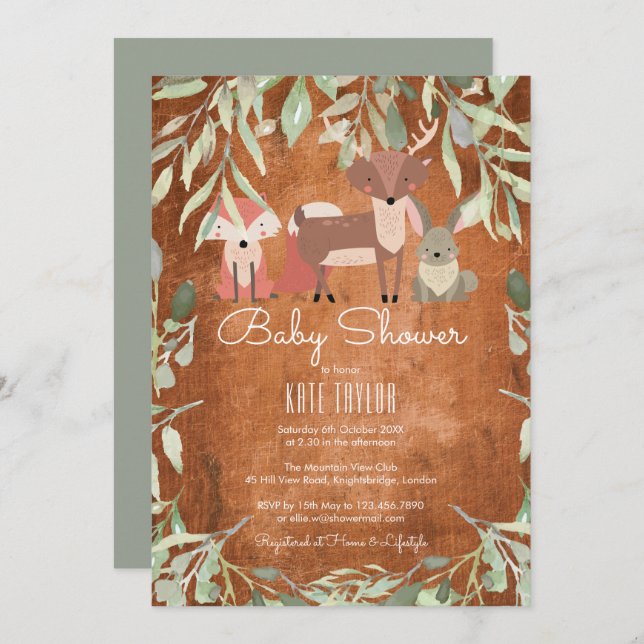 Invitation Baby shower d'animaux rustiques en bois / Saupoudr (Devant / Derrière)