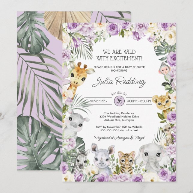 Invitation Baby shower d'animaux sauvages de la jungle violet (Devant / Derrière)