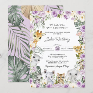 Invitation Baby shower d'animaux sauvages de la jungle violet