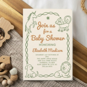 Invitation Baby shower d'animaux Vintages vert et rouge