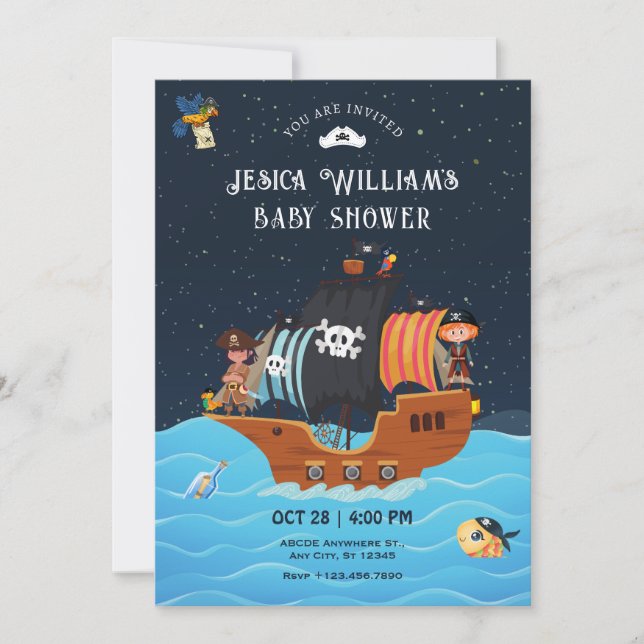 Invitation Baby shower d'anniversaire de bateau pirate (Devant)