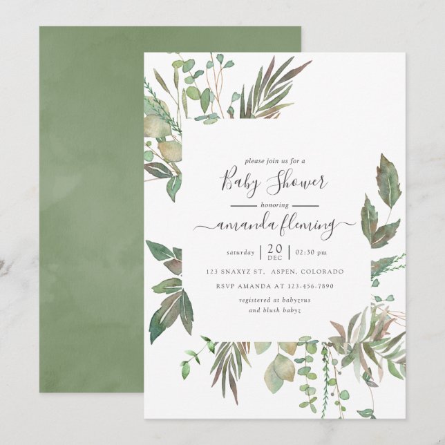 Invitation Baby Shower dans une ambiance végétale (Devant / Derrière)