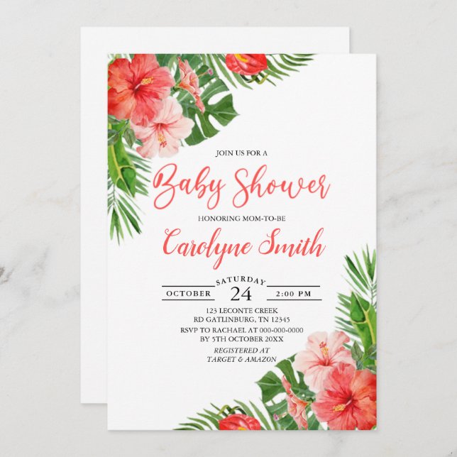 Invitation Baby shower d'aquarelle à cadre floral tropical (Devant / Derrière)