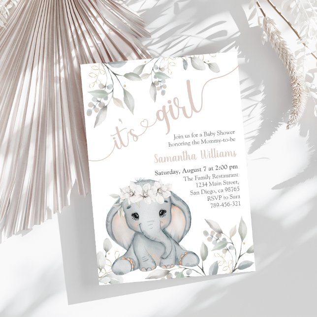 Invitation Baby shower d'aquarelle à l'éléphant et aux fleurs (Créateur téléchargé)