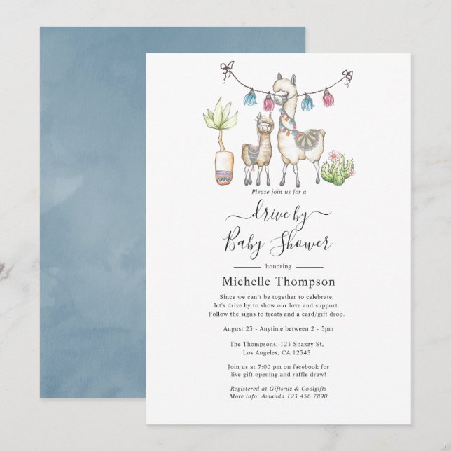 Invitation Baby Shower d'aquarelle à thème lama en voiture (Devant / Derrière)