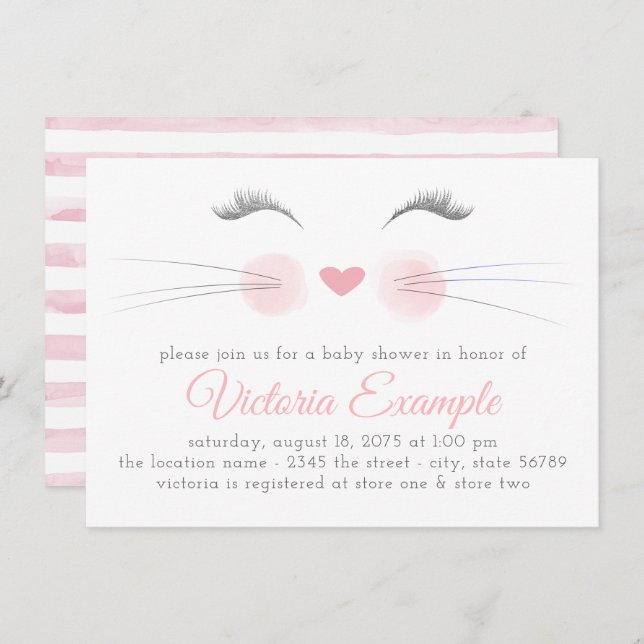Invitation Baby shower d'aquarelle à visage de fille Kitten (Devant / Derrière)