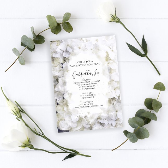 Invitation Baby shower d'aquarelle blanc aux fleurs d'Hydrang (Créateur téléchargé)