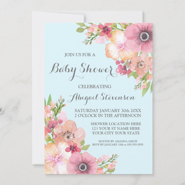 Invitation Baby shower d'aquarelle bleu clair (Dos)