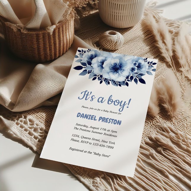 Invitation Baby shower d'aquarelle bleu clair doux (Gentle Light Blue Flower Watercolor Baby Shower Invitation)