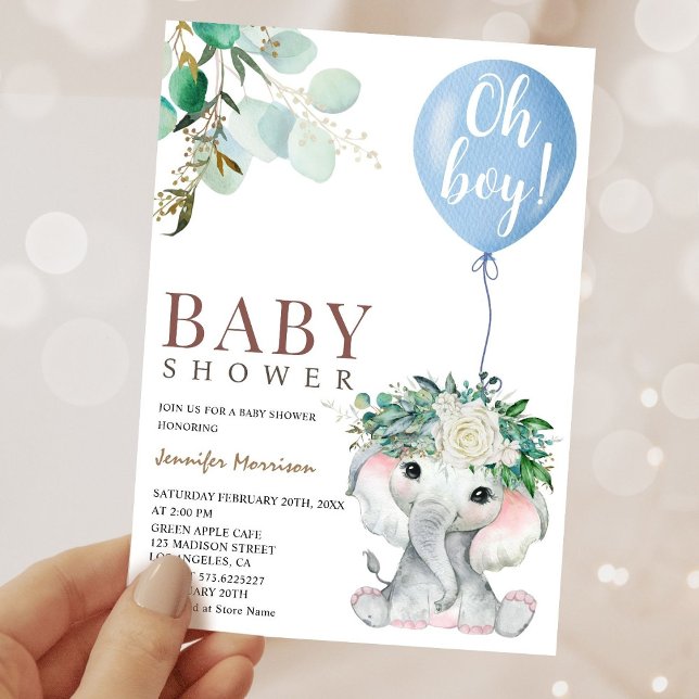 Invitation Baby shower d'aquarelle bleu éléphant (Créateur téléchargé)