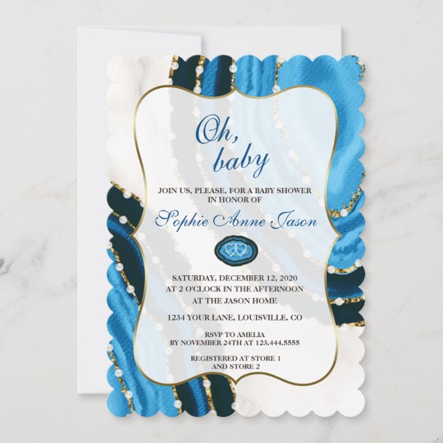 Invitation Baby shower d'aquarelle bleu marine Agate Pearls (Devant)
