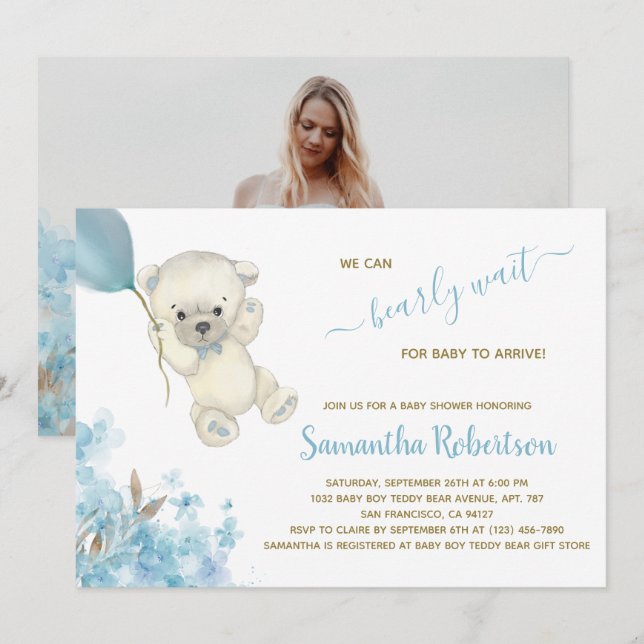 Invitation Baby shower d'aquarelle bleu Ours polaire (Devant / Derrière)