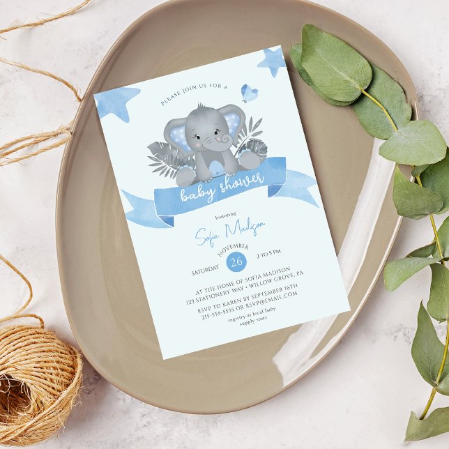 Invitation Baby shower d'aquarelle Blue Baby Elephant (Créateur téléchargé)